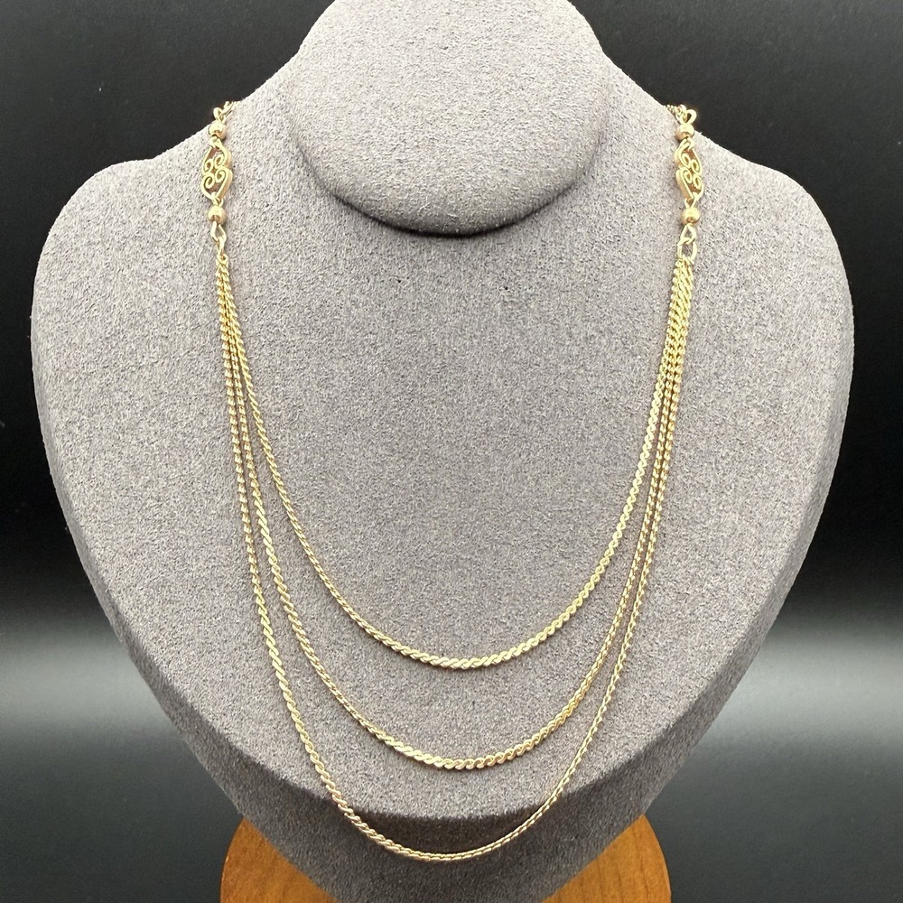 Vintage Artistry Gold Tone Triple Strand Draped Chain Necklace Filigree Stations